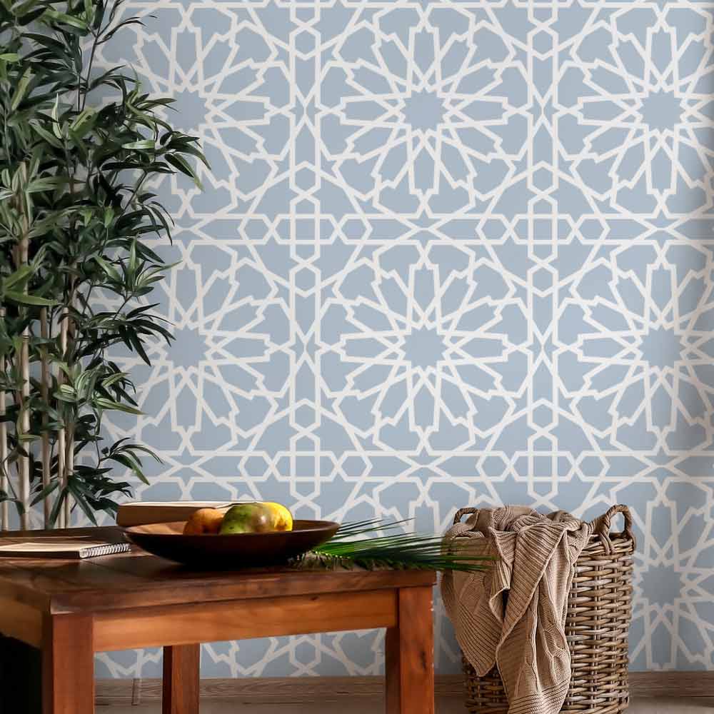 moroccan magic tile stencil in blue on accent wall