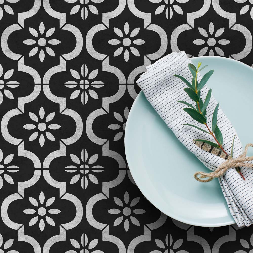 black and grey  tile stencil table top