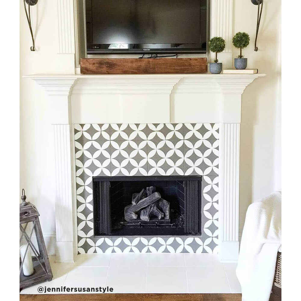 stenciled fireplace tile