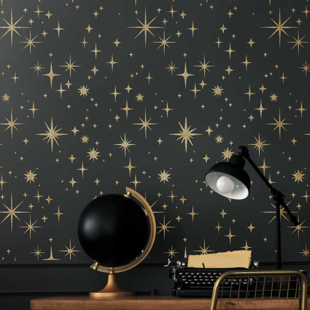 night sky constellation wall stencil gold and black wall office