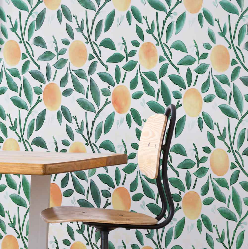 orange grove wall stencil pattern in green and orange