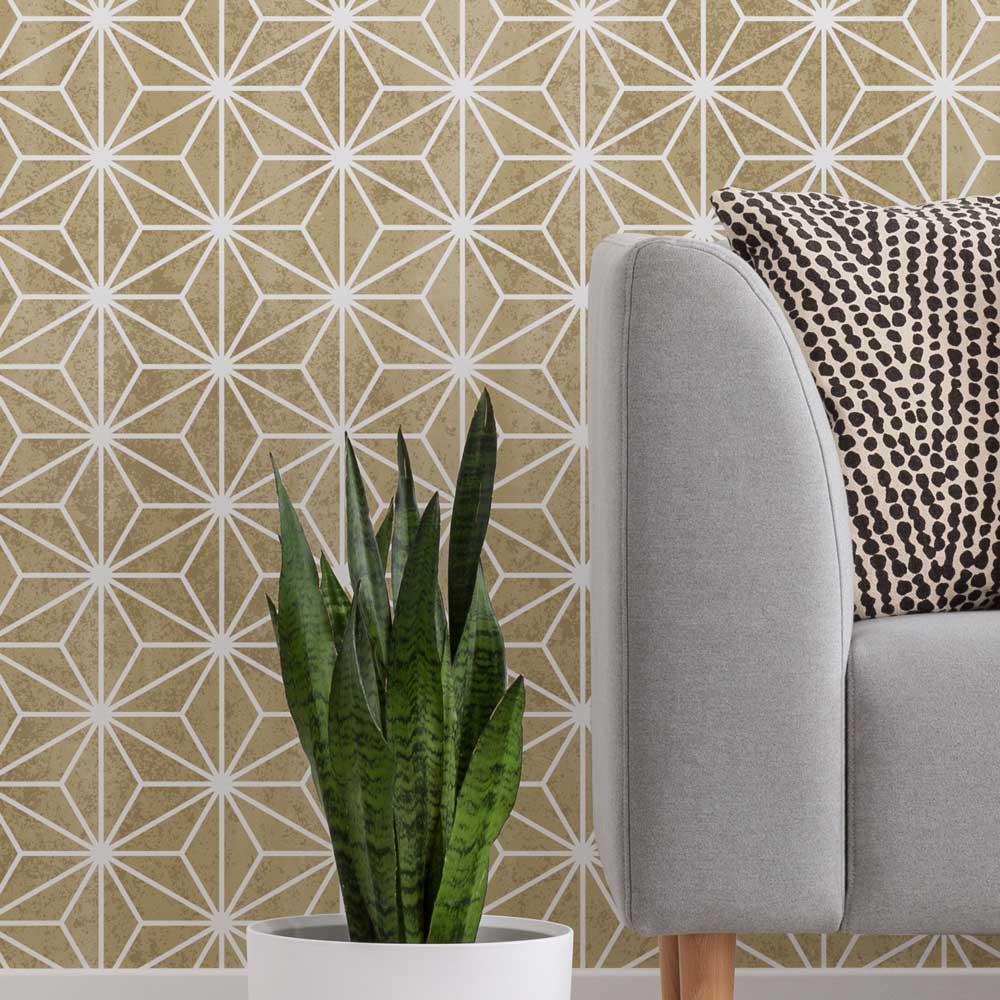 gold origami stencil living room wall