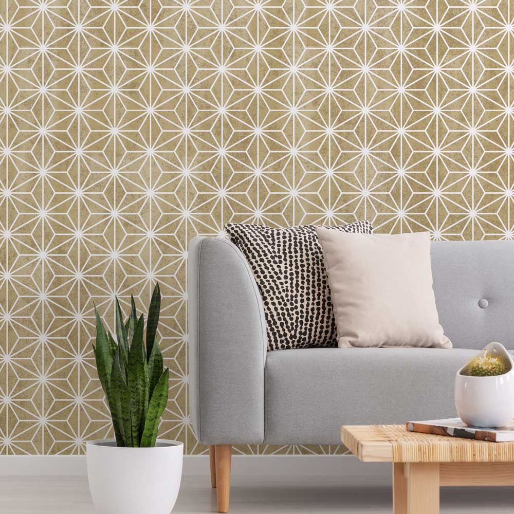 gold origami stencil living room wall