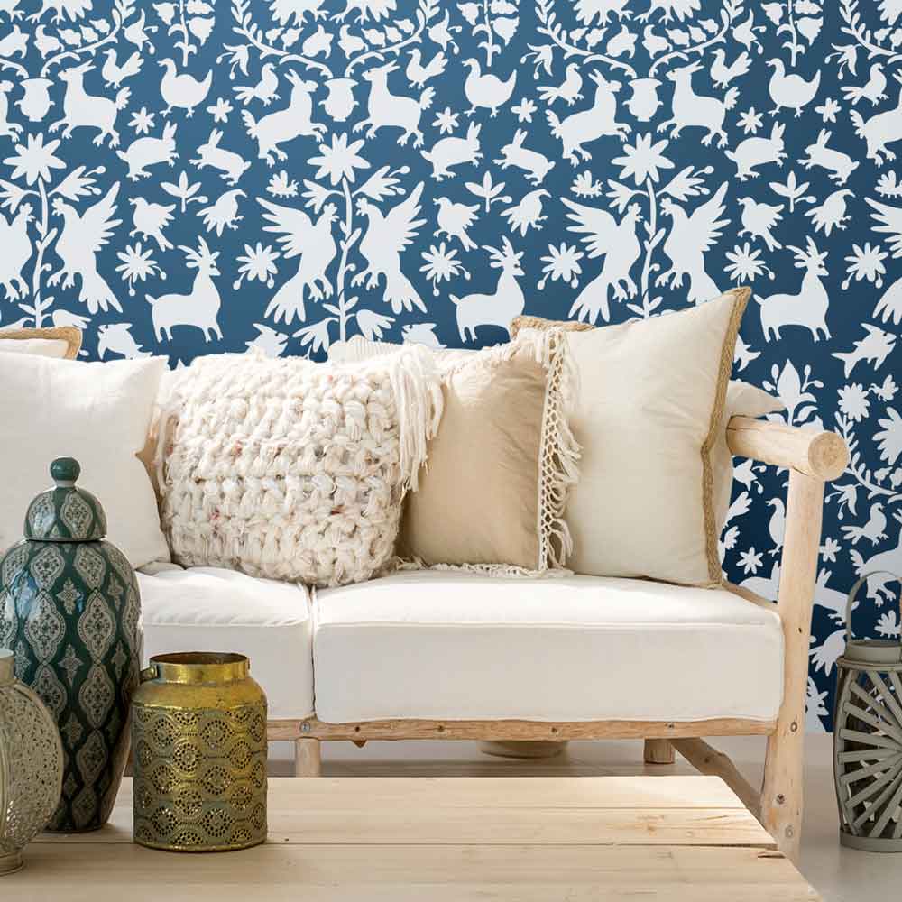 otomi wall stencil pattern on blue wall