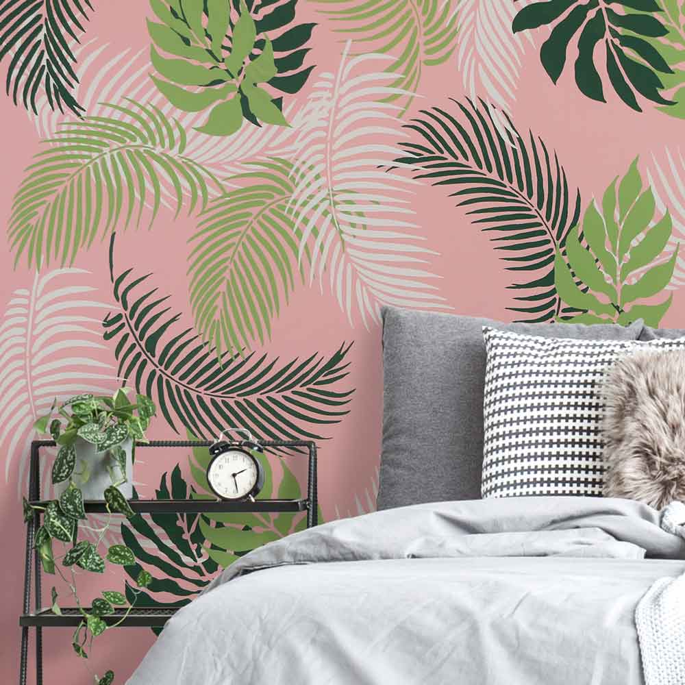 palm frond tropical wall stencil pattern on pink wall