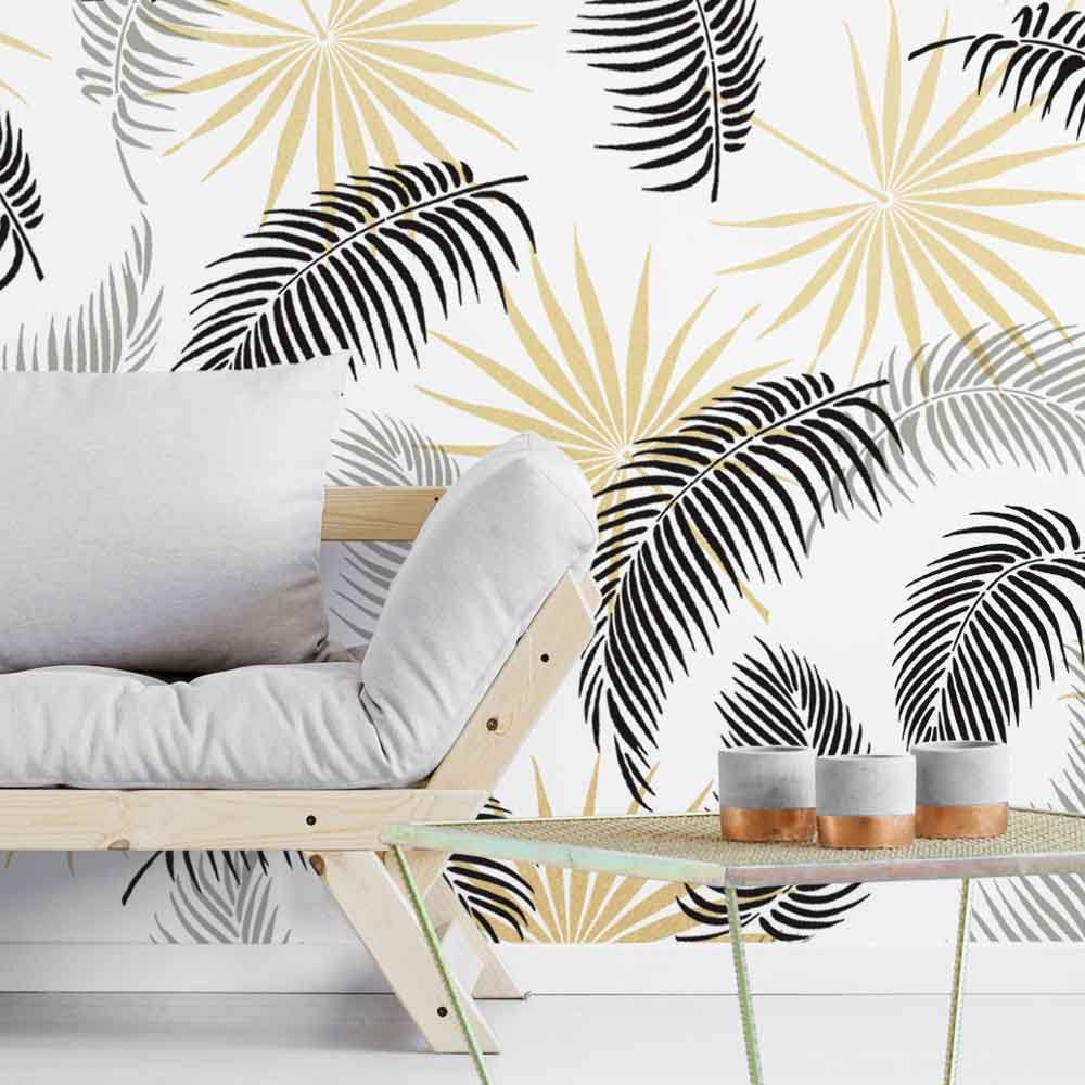 palm fronds tropical wall stencil pattern in black and gray