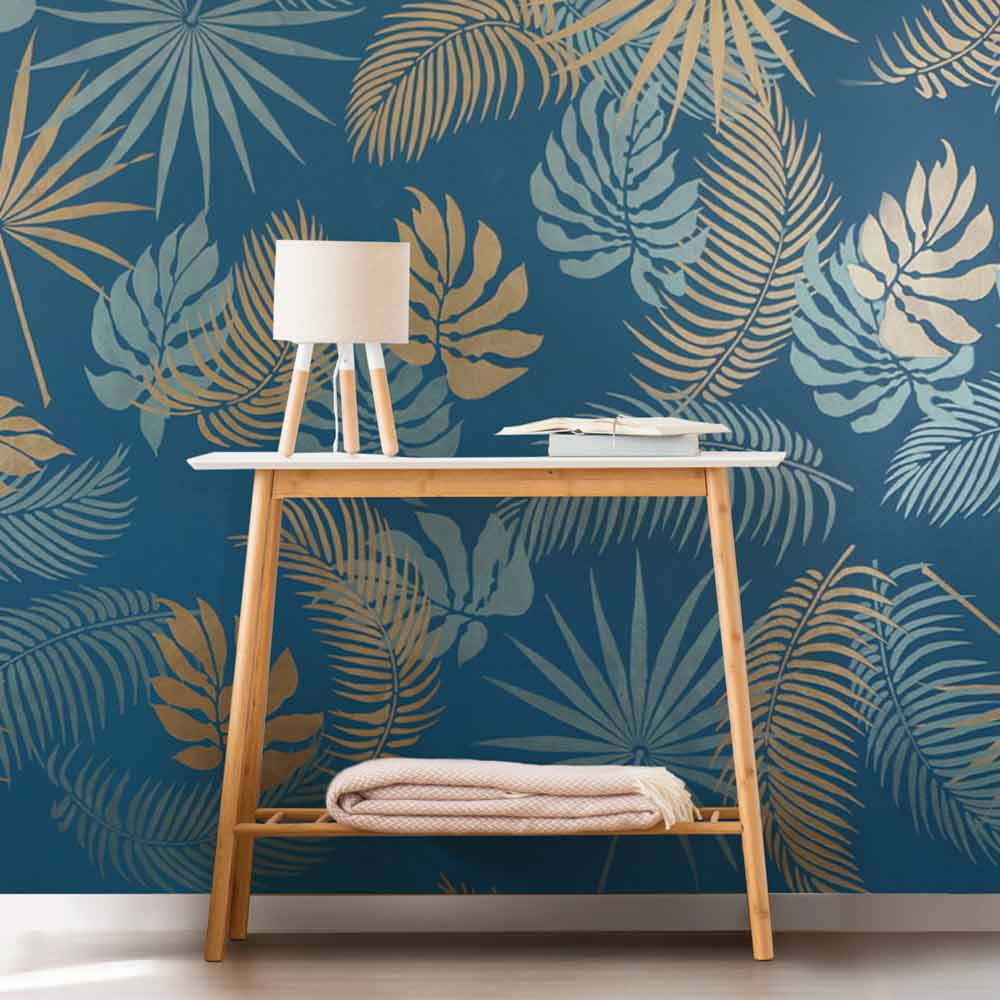 palm frond tropical wall stencil pattern on blue wall