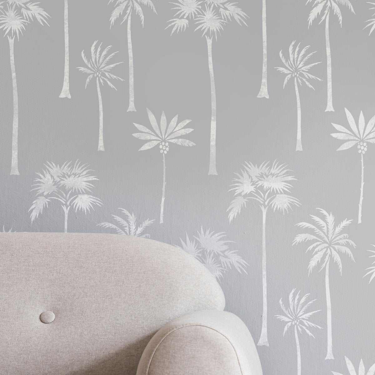 grey and white stencil stenciled living room wall