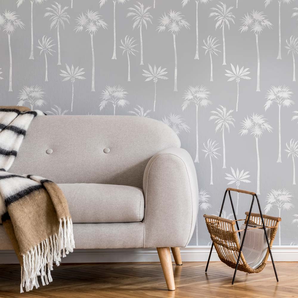 grey and white stencil stenciled living room wall