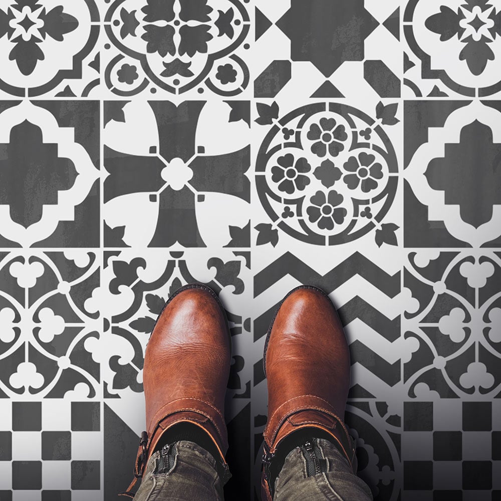 patchwork tile stenciled floor