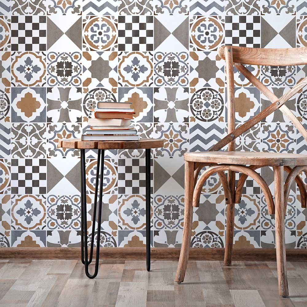 patchwork tile stencils on wall