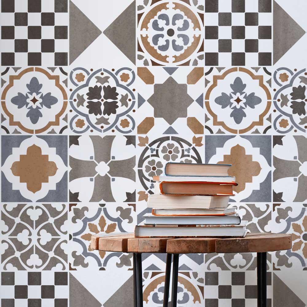 patchwork tile stencils on wall