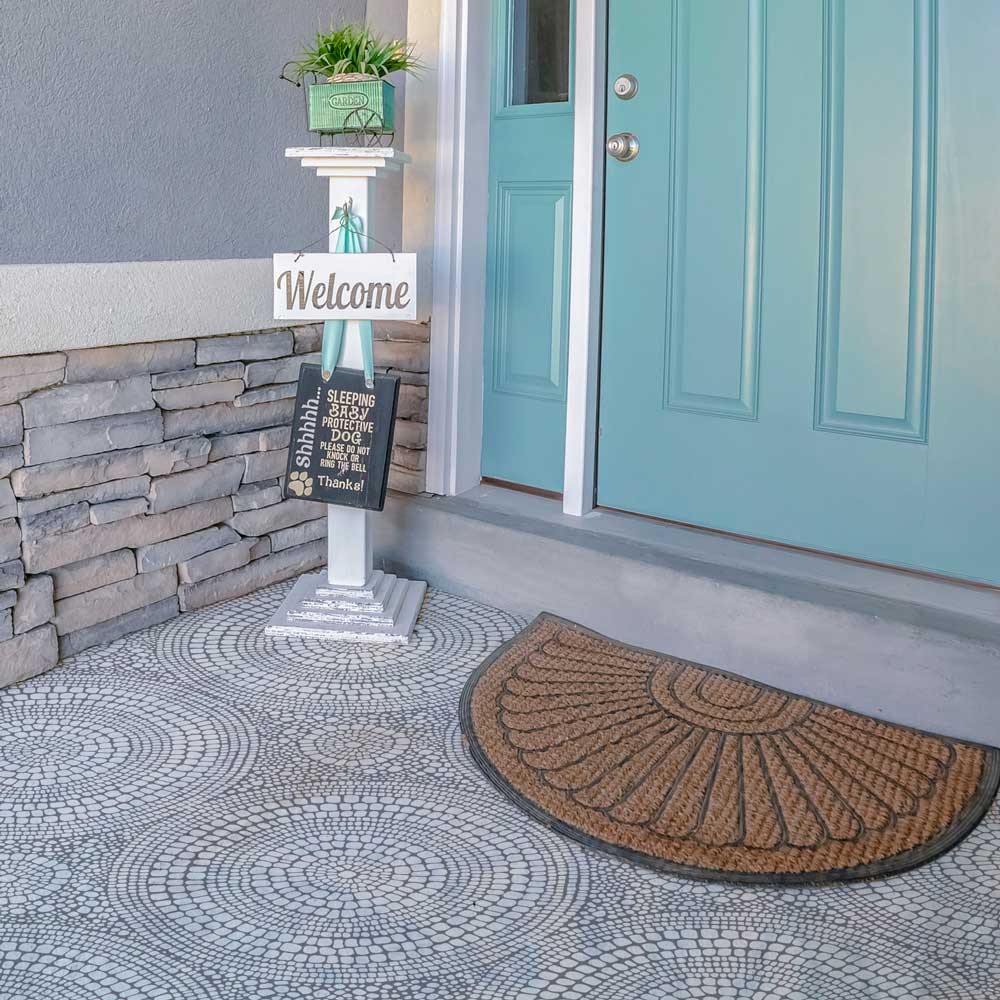 front porch blue door pebble patio floor stencil tile stencil