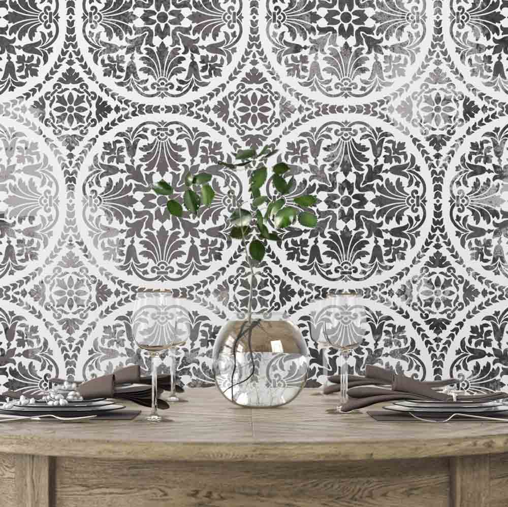 penelope tile wall stencil pattern in black and white