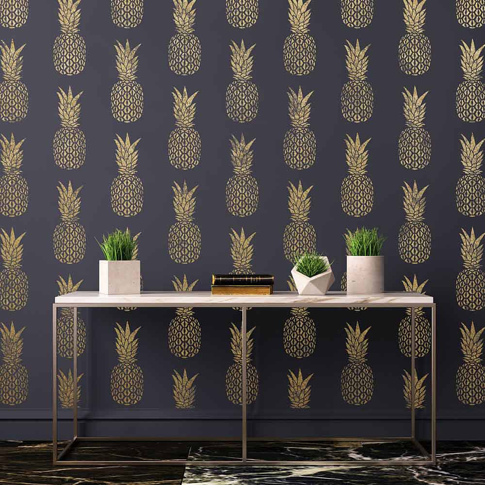 pineapple stencil black gold wall