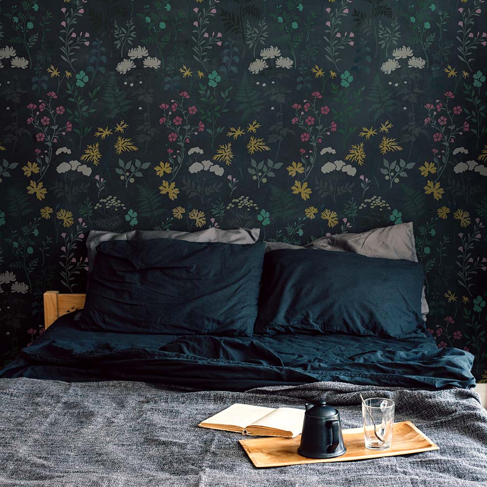 dark botanical stenciled wall