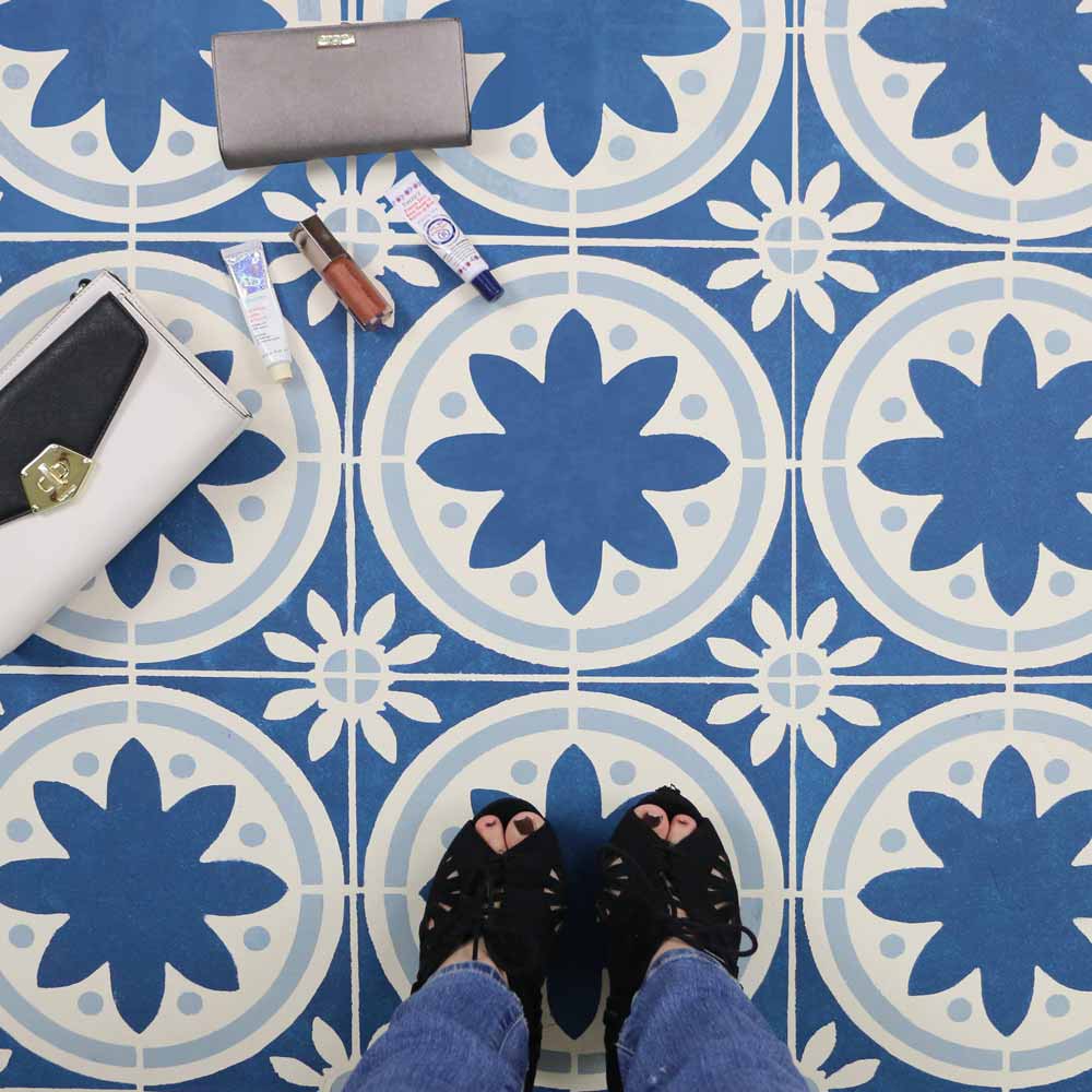 blue primavera stenciled tile floor