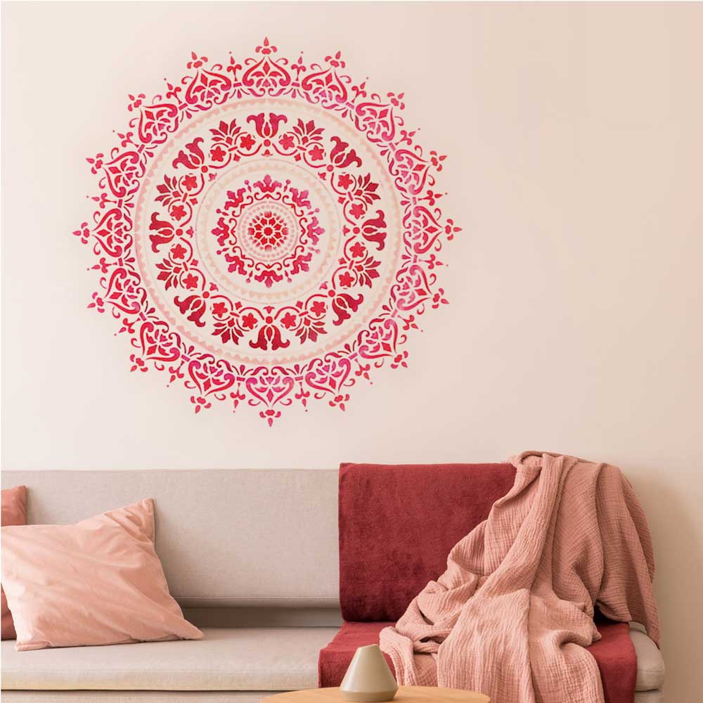 prosperity mandala wall stencil pattern above couch