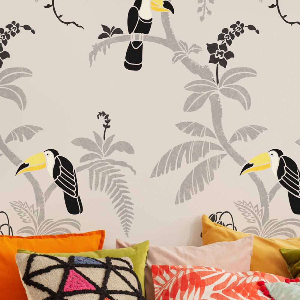 multicolor toucan wall stencil palm tree wall pattern