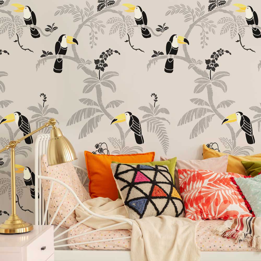 multicolor toucan wall stencil palm tree wall pattern