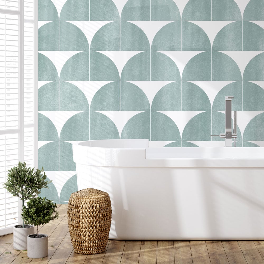 teal quarter round bathroom tile wall stencil