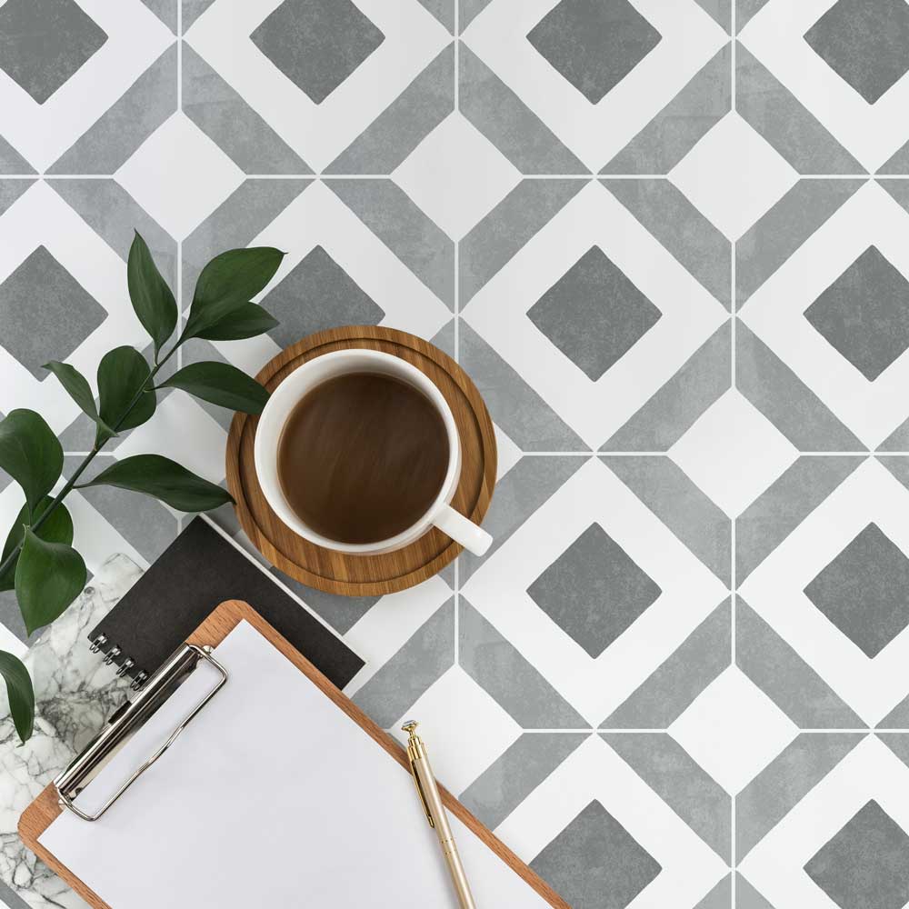 grey and white tiled floor coffee cup