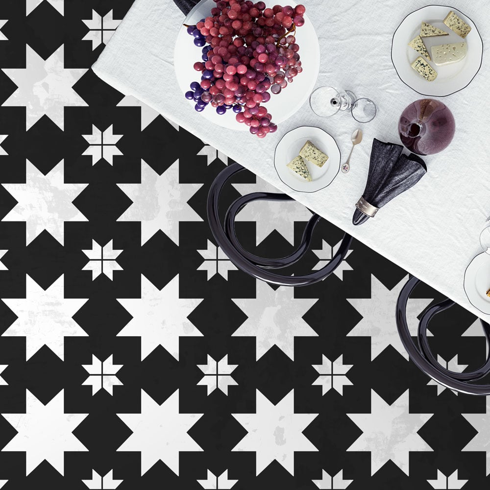 quilted star stencil white and black painted kitchen floor