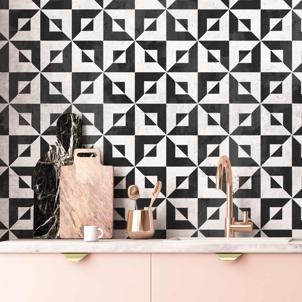 reflection geometric tile stencil black and white backsplash