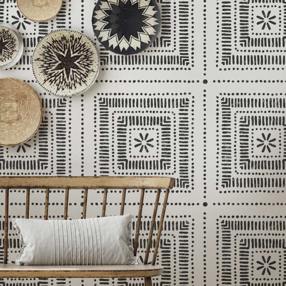 Rhythm Patio stencil wall design black and white pattern entryway wood furniture