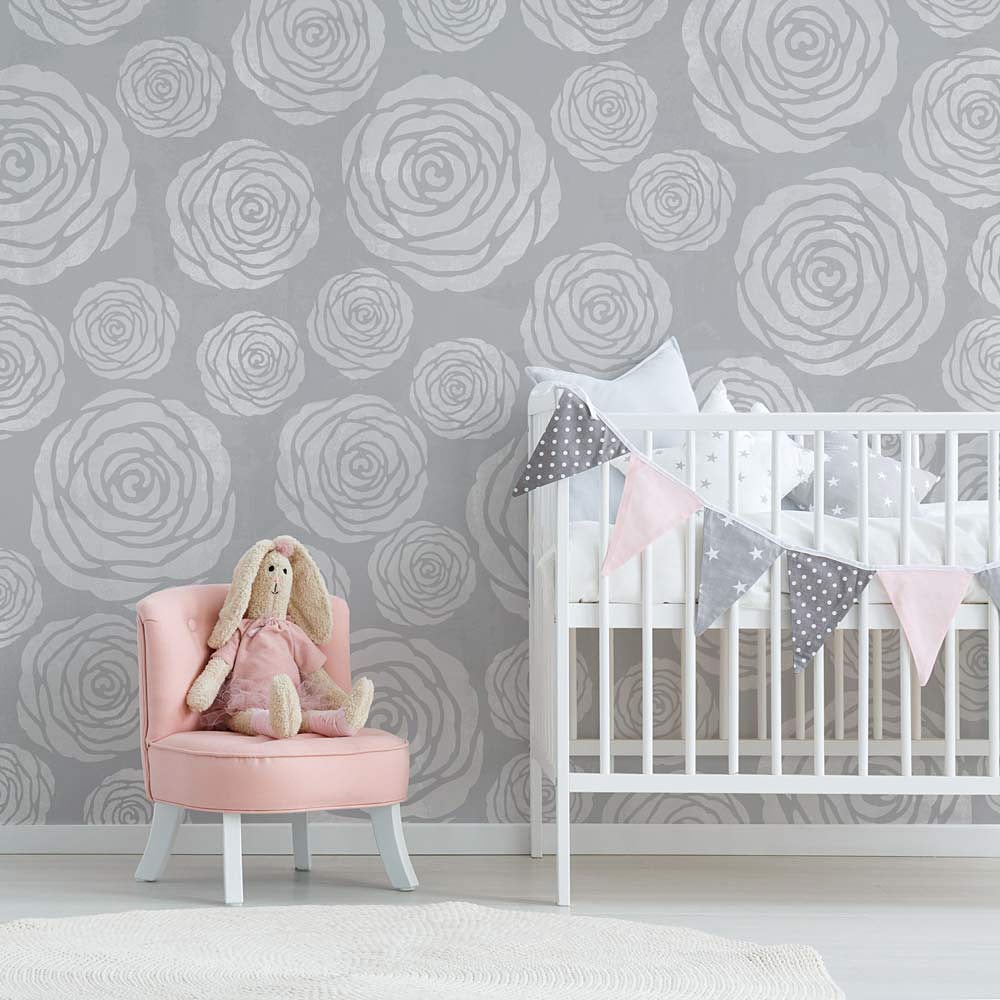 rose stencil nursery wall grey