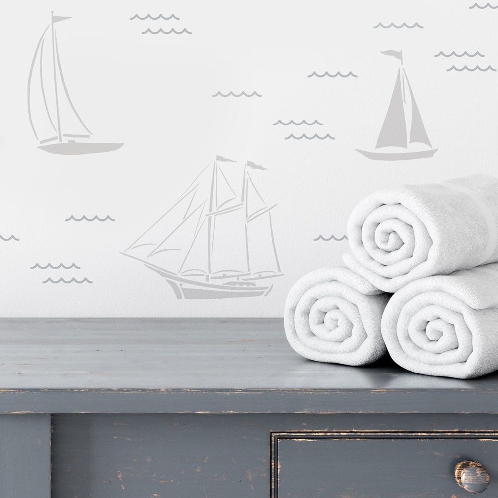 grey bathroom wall stencil small sailboats wall pattern kit