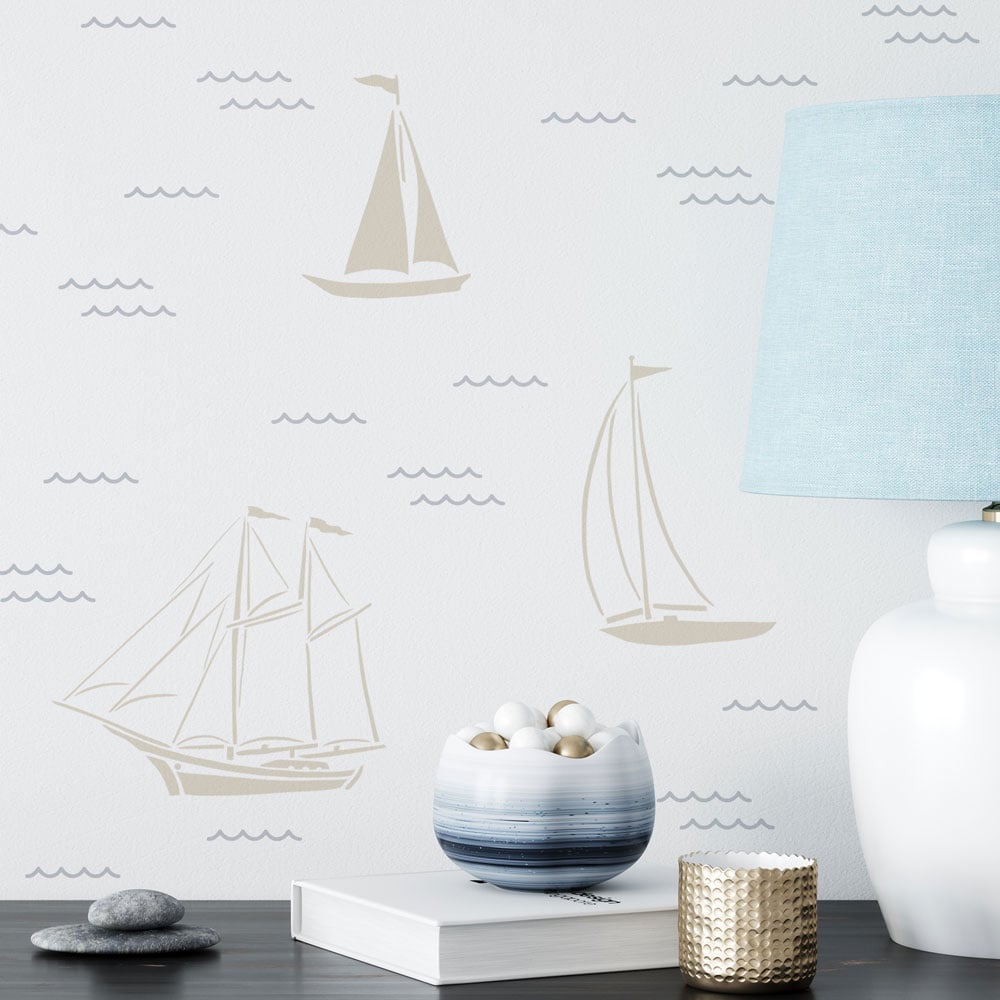 small sailboat wall pattern stencil neutral bedroom wall