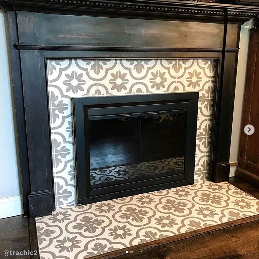 stenciled fireplace tile