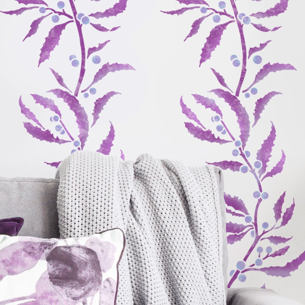 living room purple wall seaweed wall stencil