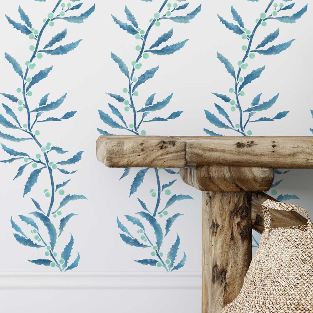 blue seaweed living room stencil wall