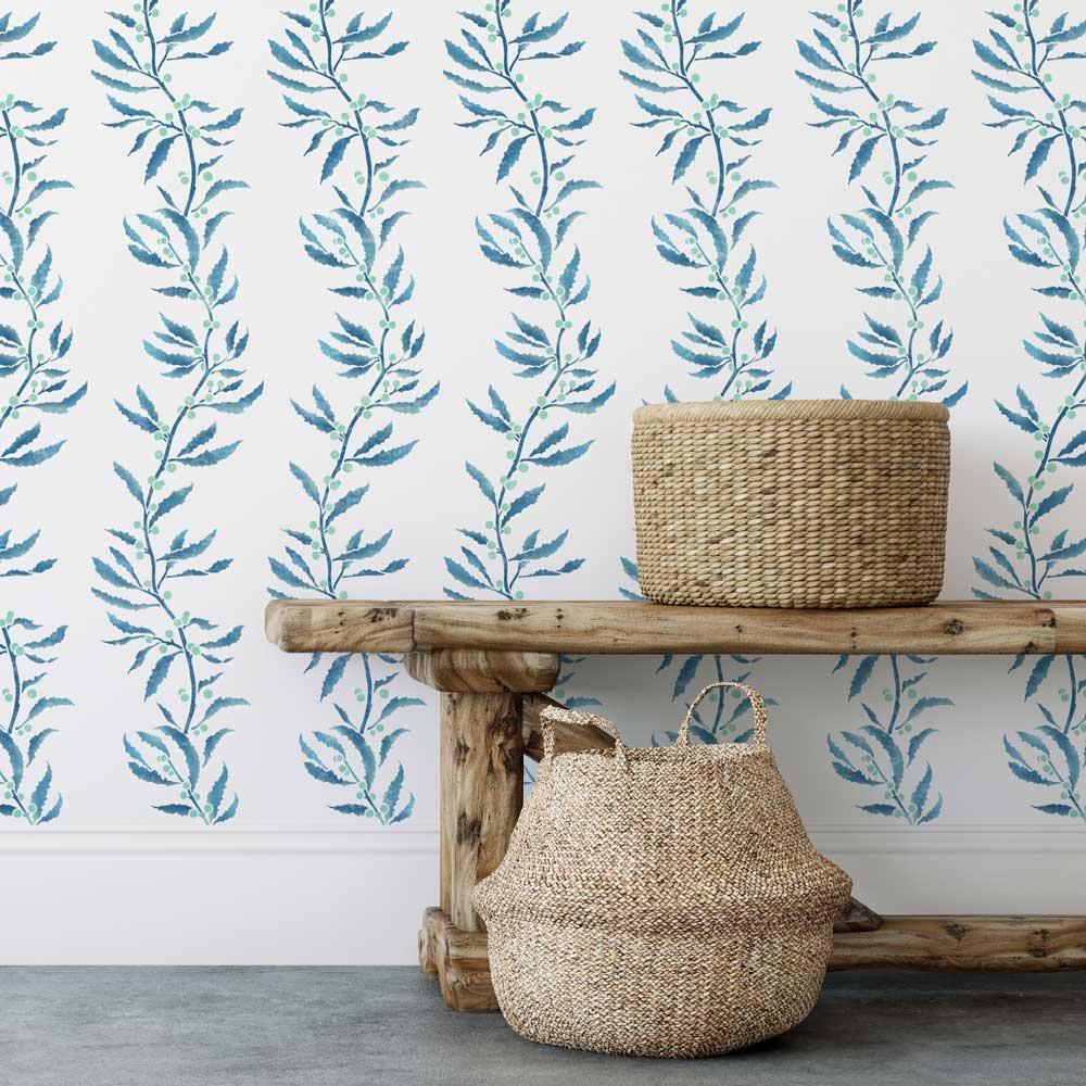 blue seaweed living room stencil wall