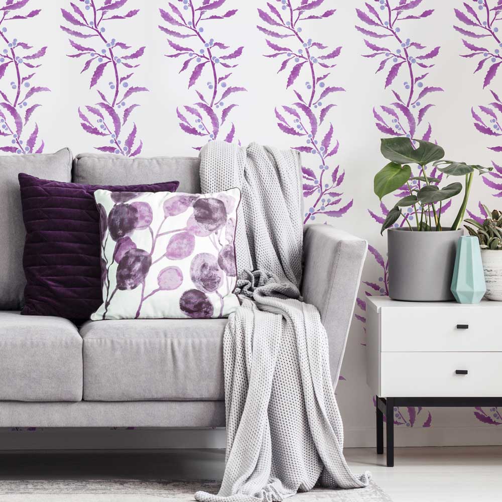 living room purple wall seaweed wall stencil