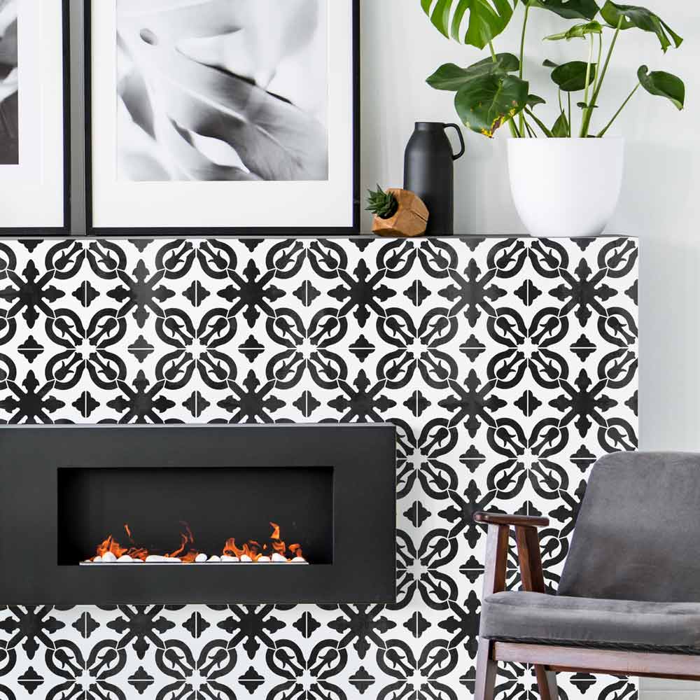 black and white tile backsplash stencil