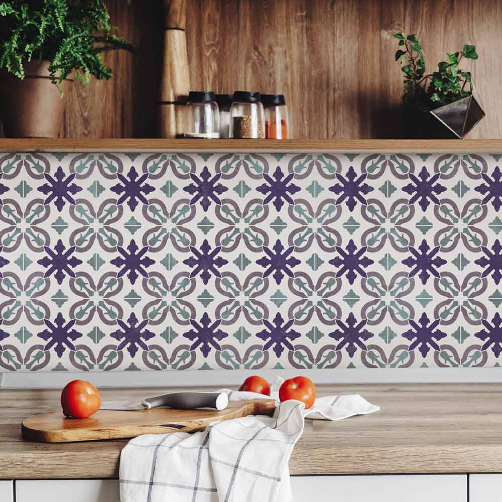 stenciled portuguese tile backsplash