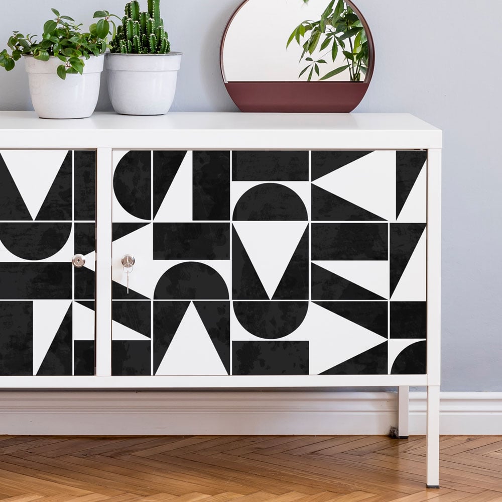 black and white geometric stencils simple shapes painted cabinet living room