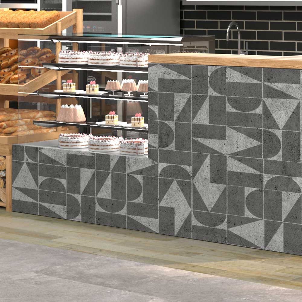 grey bakery stenciled wall case simple shapes tile