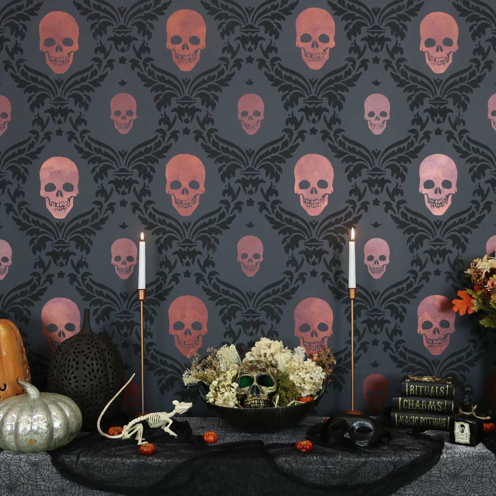 skull halloween craft stencil in damask wall pattern