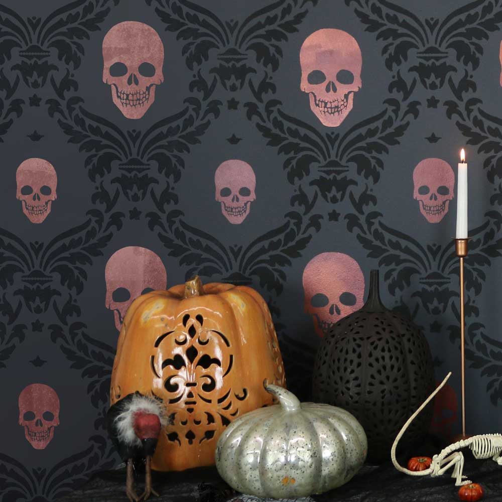 skull halloween craft stencil on accent wall