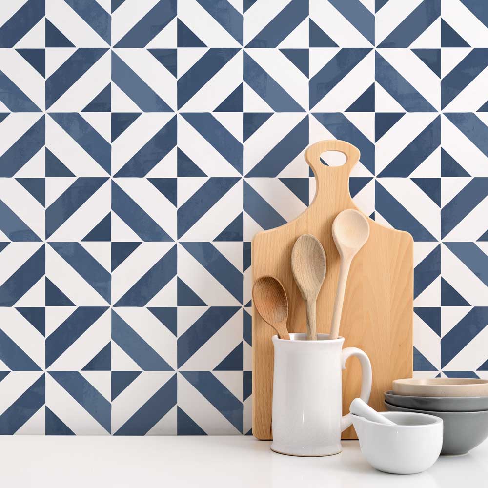 blue tile stenciled backsplash