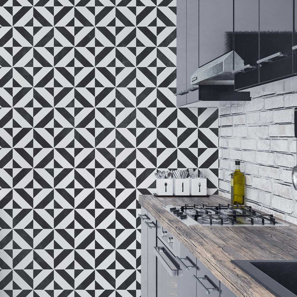 black and white tile stencil wall pattern