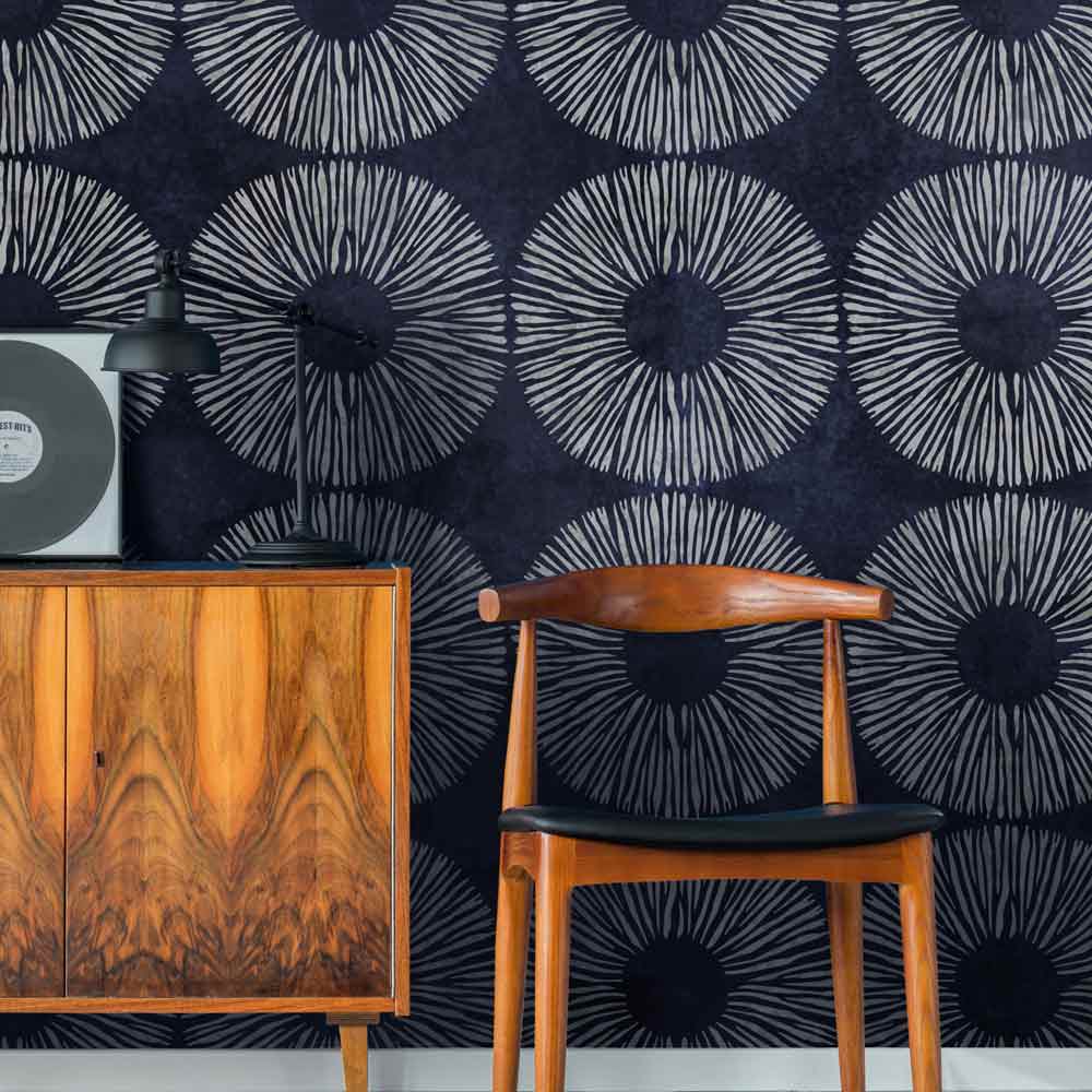 dark blue spore stenciled wall