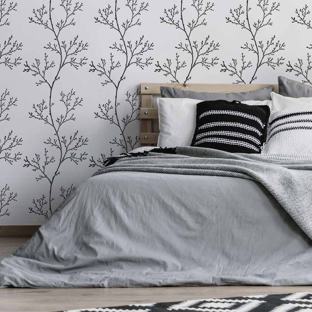 black spring branches stencil in farmhouse bedroom