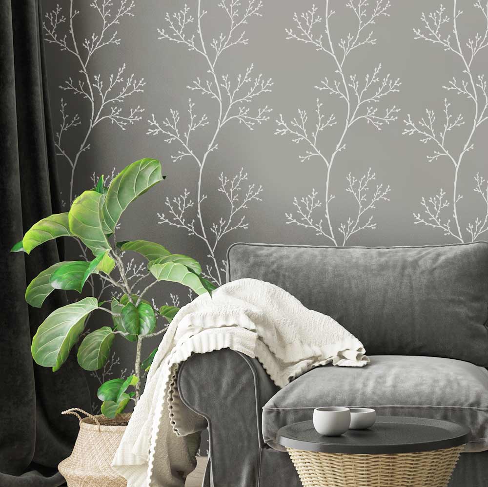 spring branches stencil in white on grey wall