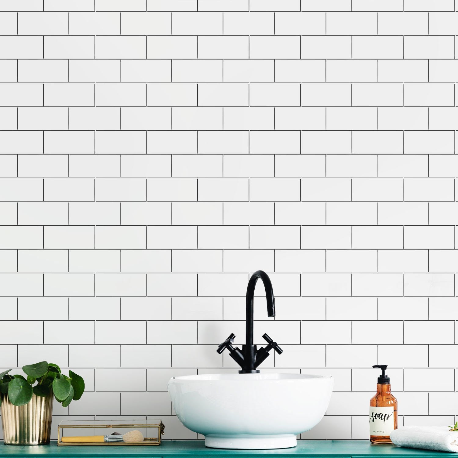 stenciled backsplash subway tile