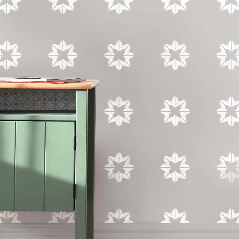 Grey and white sugar cookie stencil kitchen wall